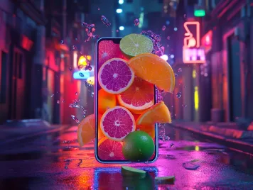 Totally digital orbit social new zealand splashes out of a mobile phone with vibrant fruit and SEO juice in a neon lit ally way